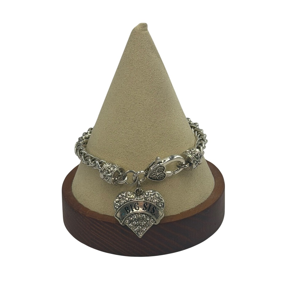 Big Sis Rhinestone Heart Charm Bracelet Silver Tone Wheat Chain 6.75in